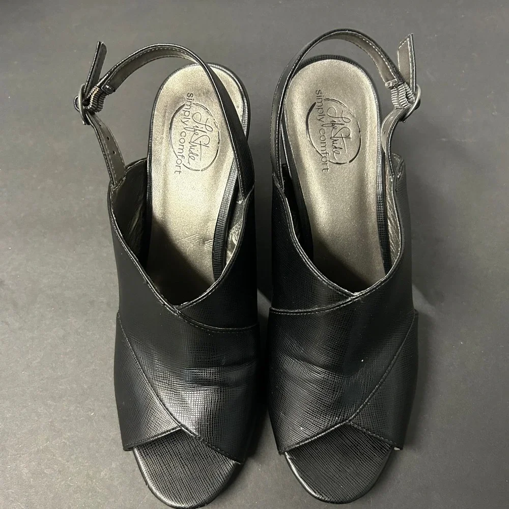 LifeStride Wedge Sandals Women's 8M Black Peep Toe Slingback Heels Cherish